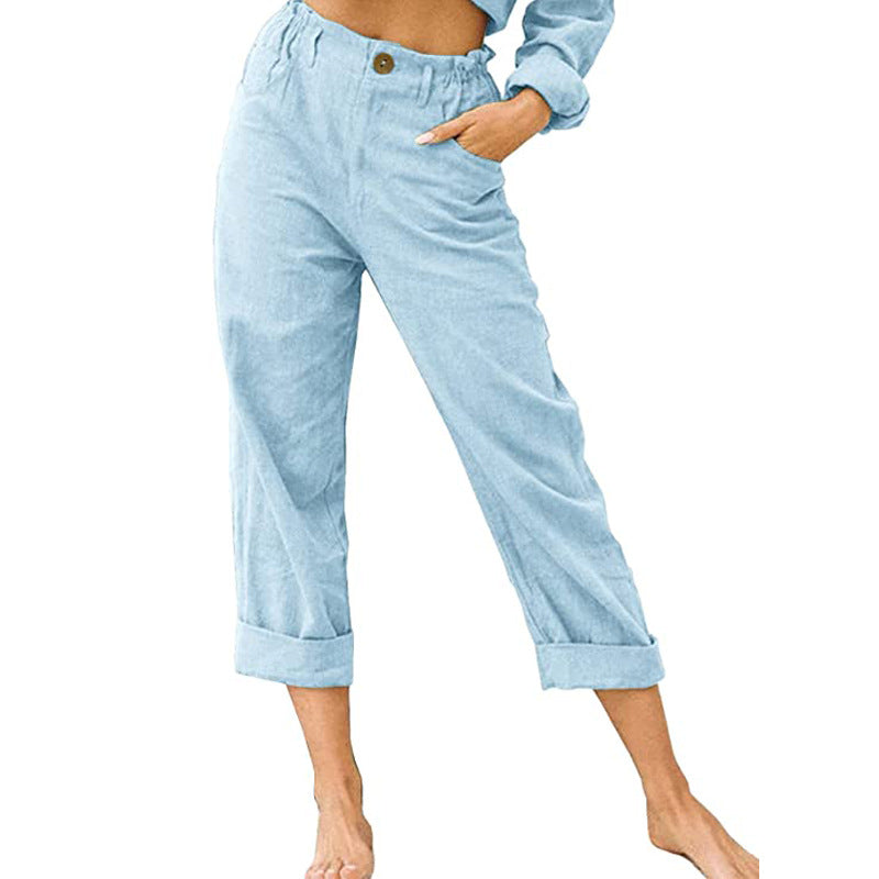 Women's Cotton Linen Patchwork Trousers | High Waist Drawstring | Loose Casual Pants | 11 Colours | S–3XL