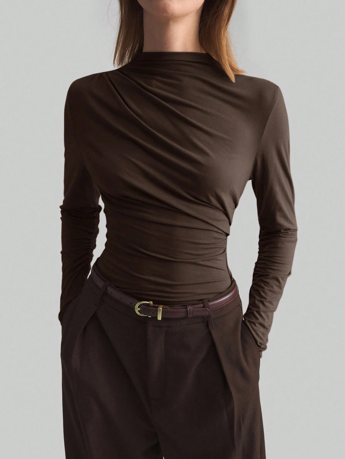 New Asymmetrical Mock-neck Slim-fit Base Top For Women