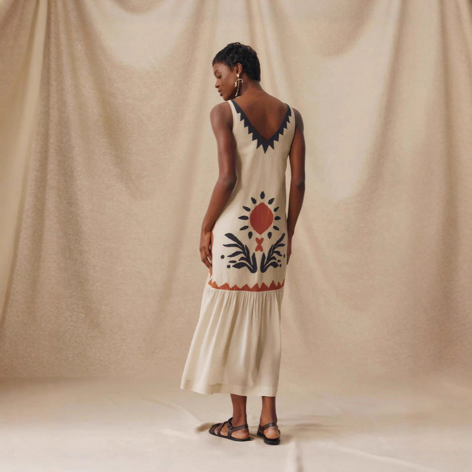 Ethnic Style Sun Totem Printed V-neck Sling Dress