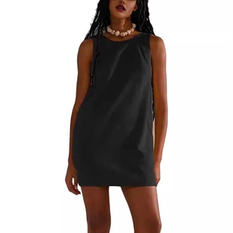 Women's Round Neck Sleeveless Backless Dress Casual