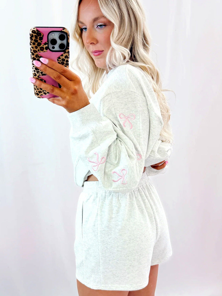 Casual Loose-fit Crew-neck Pullover Solid-color Embroidered Long-sleeve Top And Shorts Set