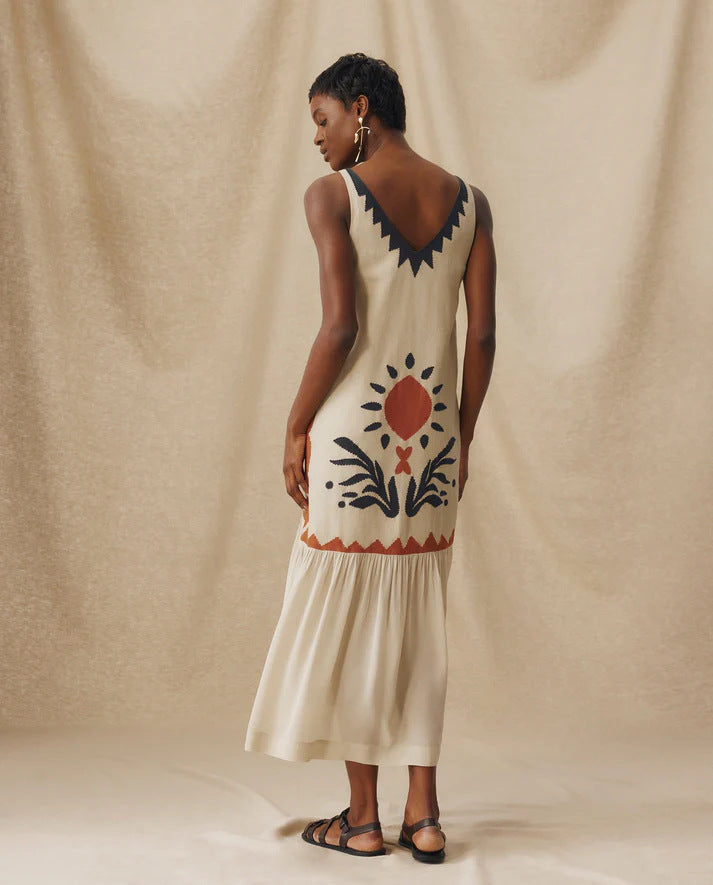 Ethnic Style Sun Totem Printed V-neck Sling Dress
