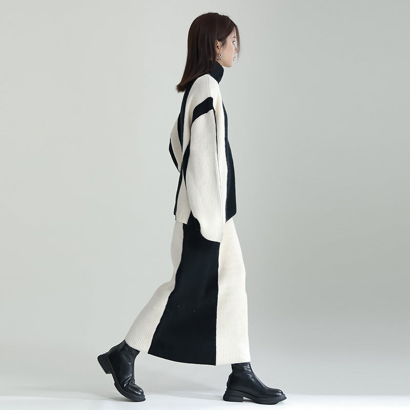 Black And White Color Contrast Patchwork Sweater Skirt Suit
