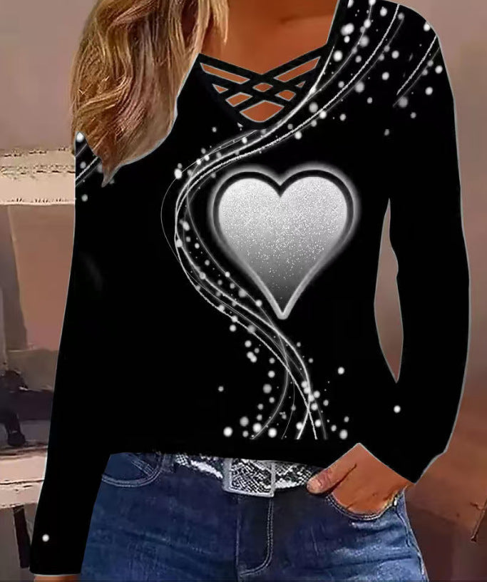 Women's Casual Long Sleeve Top With A Heart Patterned V Neck
