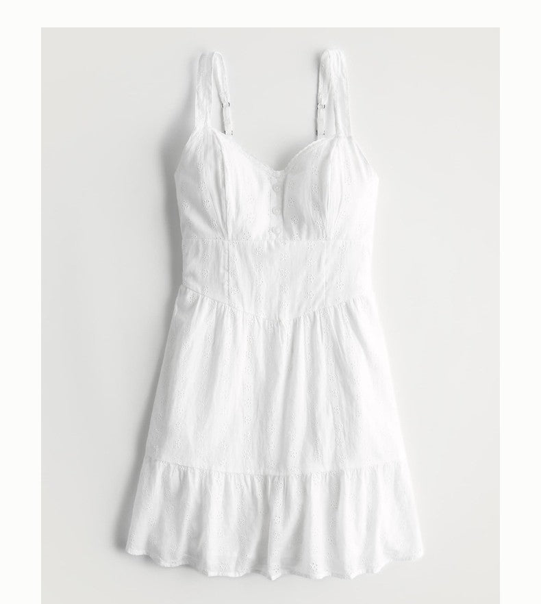 Women's Summer White Fishbone Suspender Dress