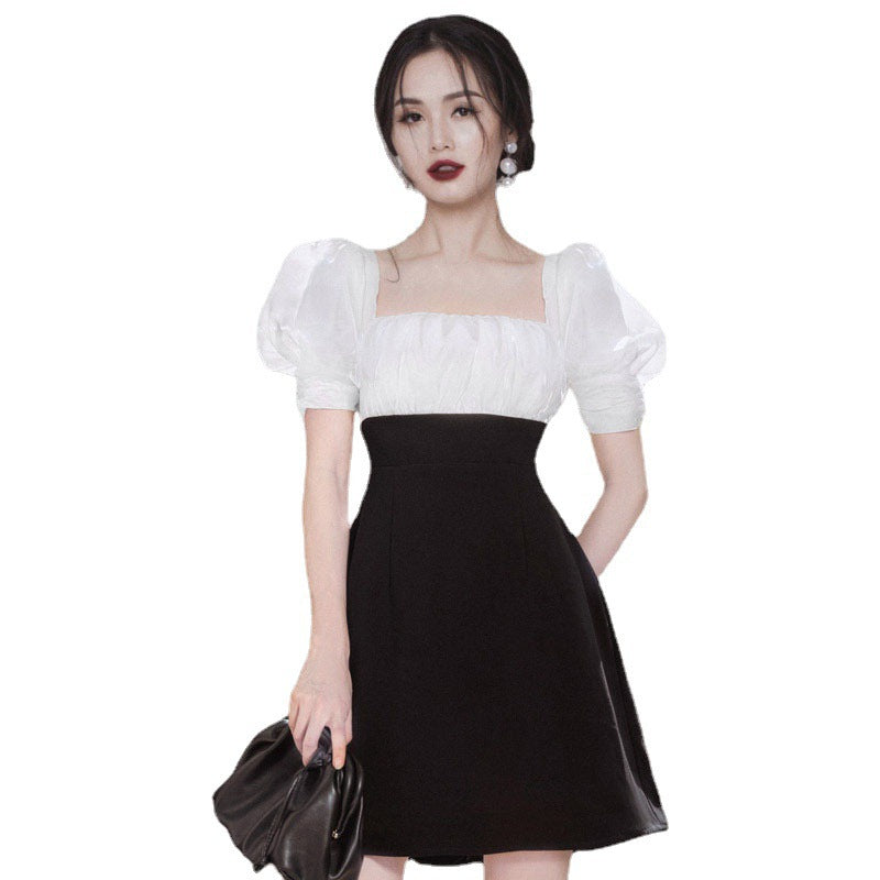 Square Neck Patchwork Dress With Bubble Sleeves