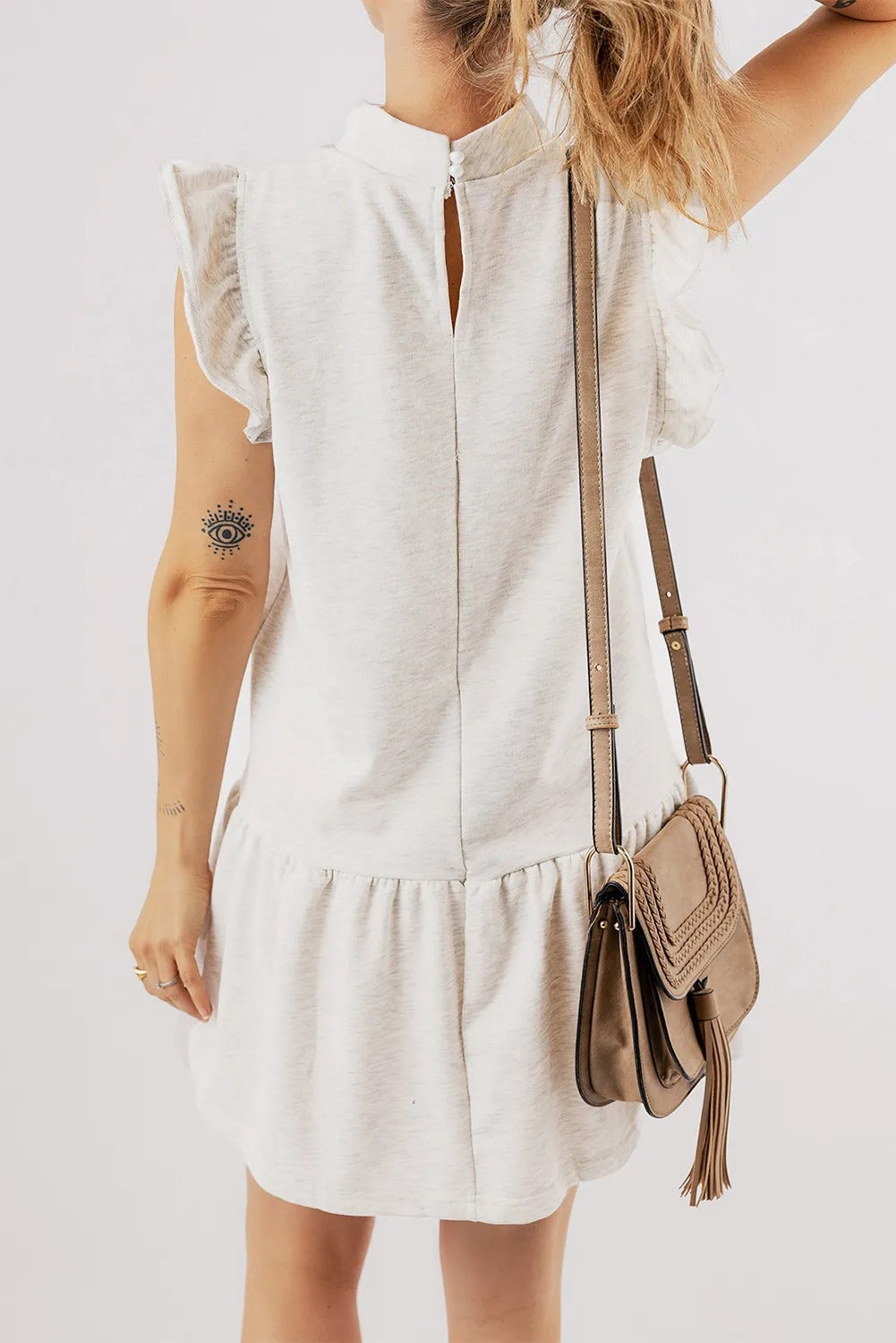 White Flutter Sleeve Crew Neck  Dress