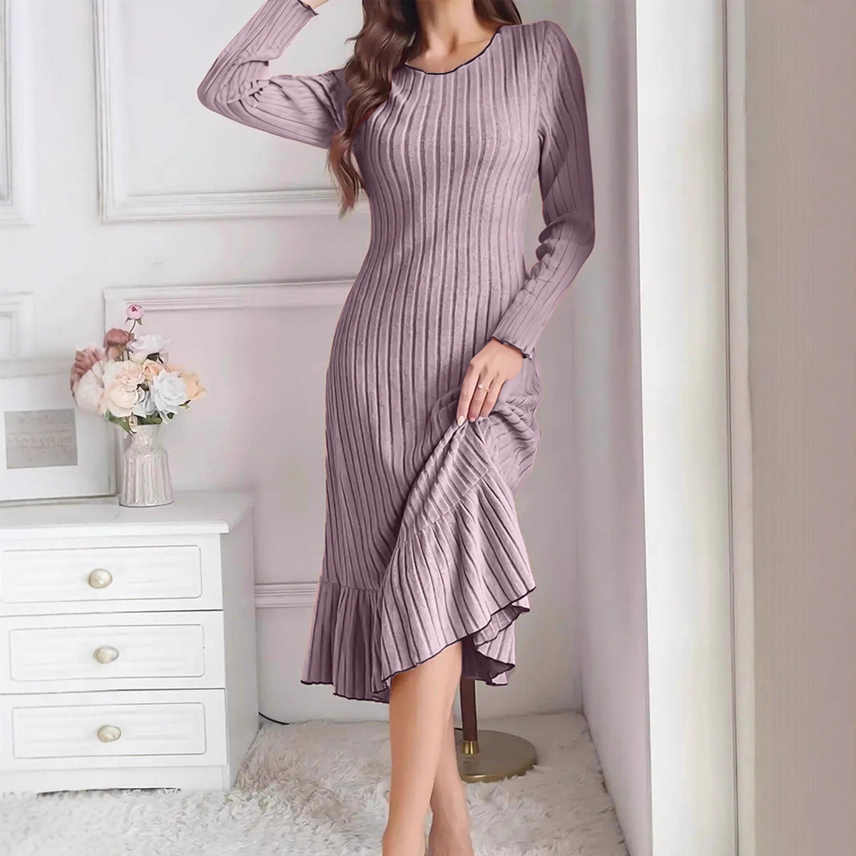 Women's Fashion Solid Color Ruffle Sleeve Long Dress