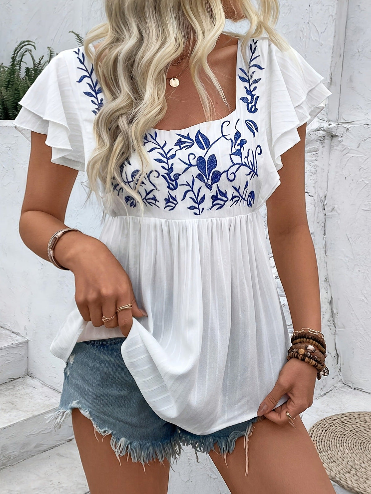 Women's Casual Printed Square-neck Pullover Shirt