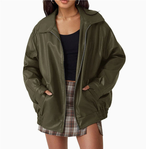 Spring And Autumn European And American Leather Jacket Locomotive Style Loose Top Coat Women