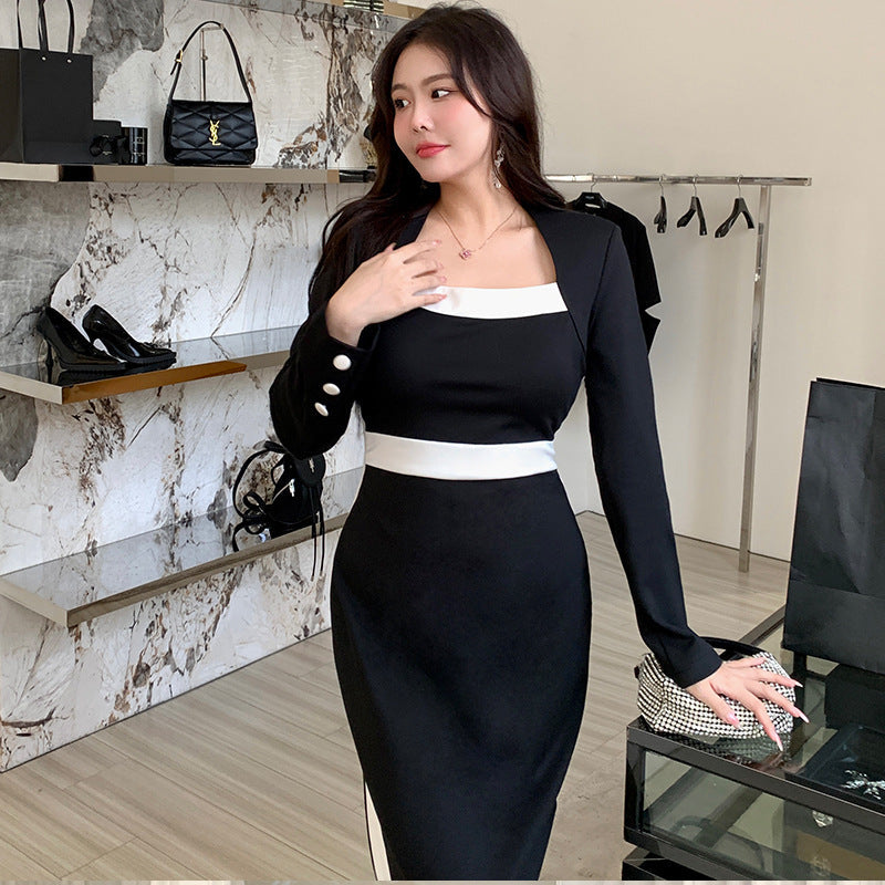 Women's Black And White Slimming Patchwork Dress
