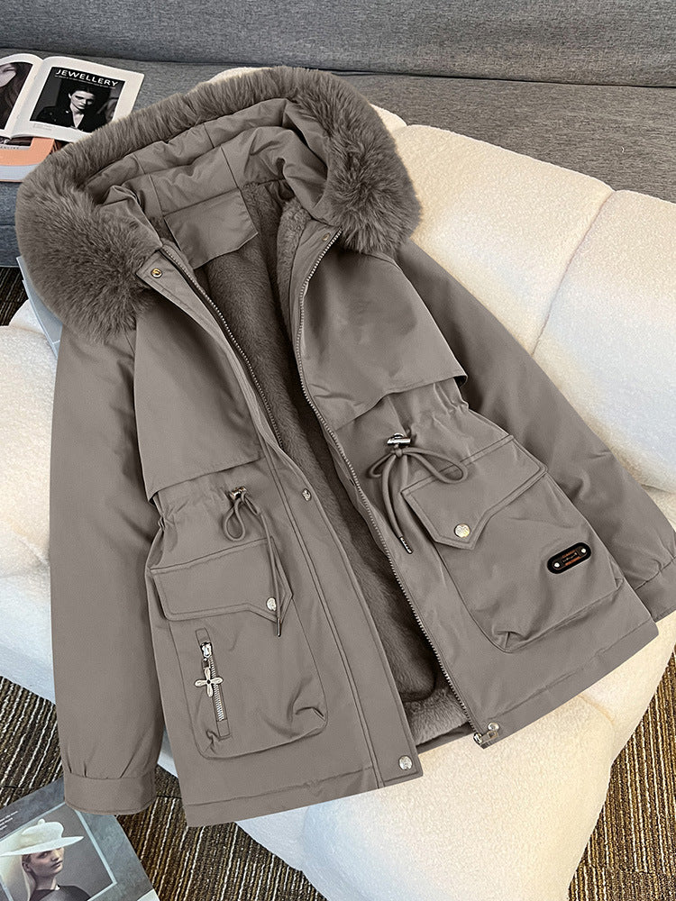 Fur Collar Fashionable All-matching Jacket Hooded Warm Cotton-padded Coat