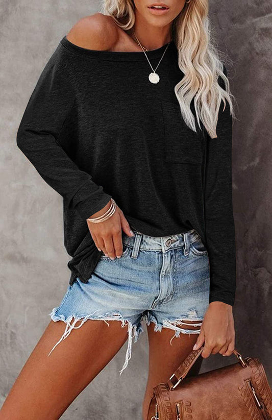 Women's Pocket Split Long Sleeve T-Shirt | Casual Round Neck Layering Top