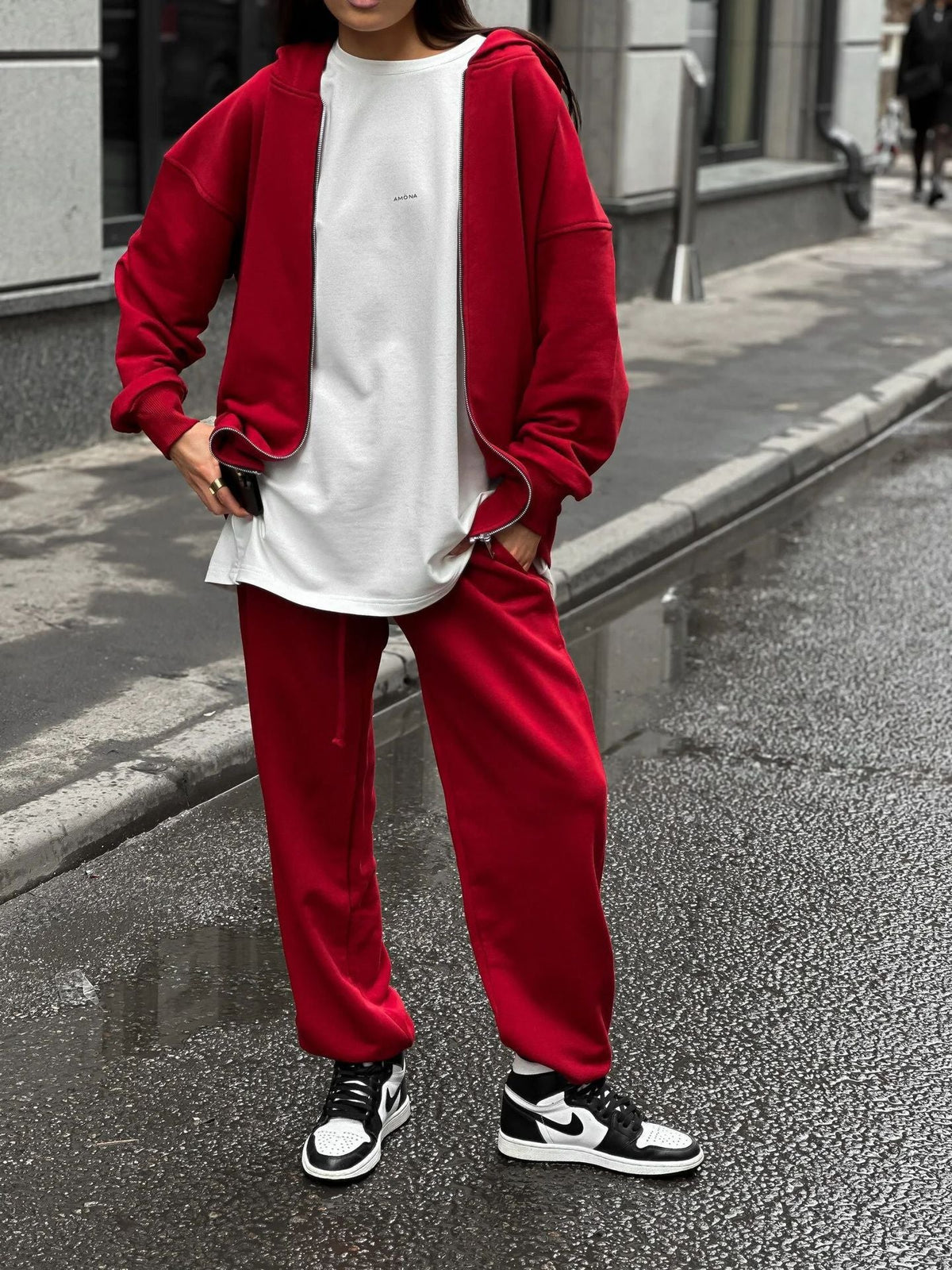 Street Style Long-sleeved Coat And Trousers Two-piece Set