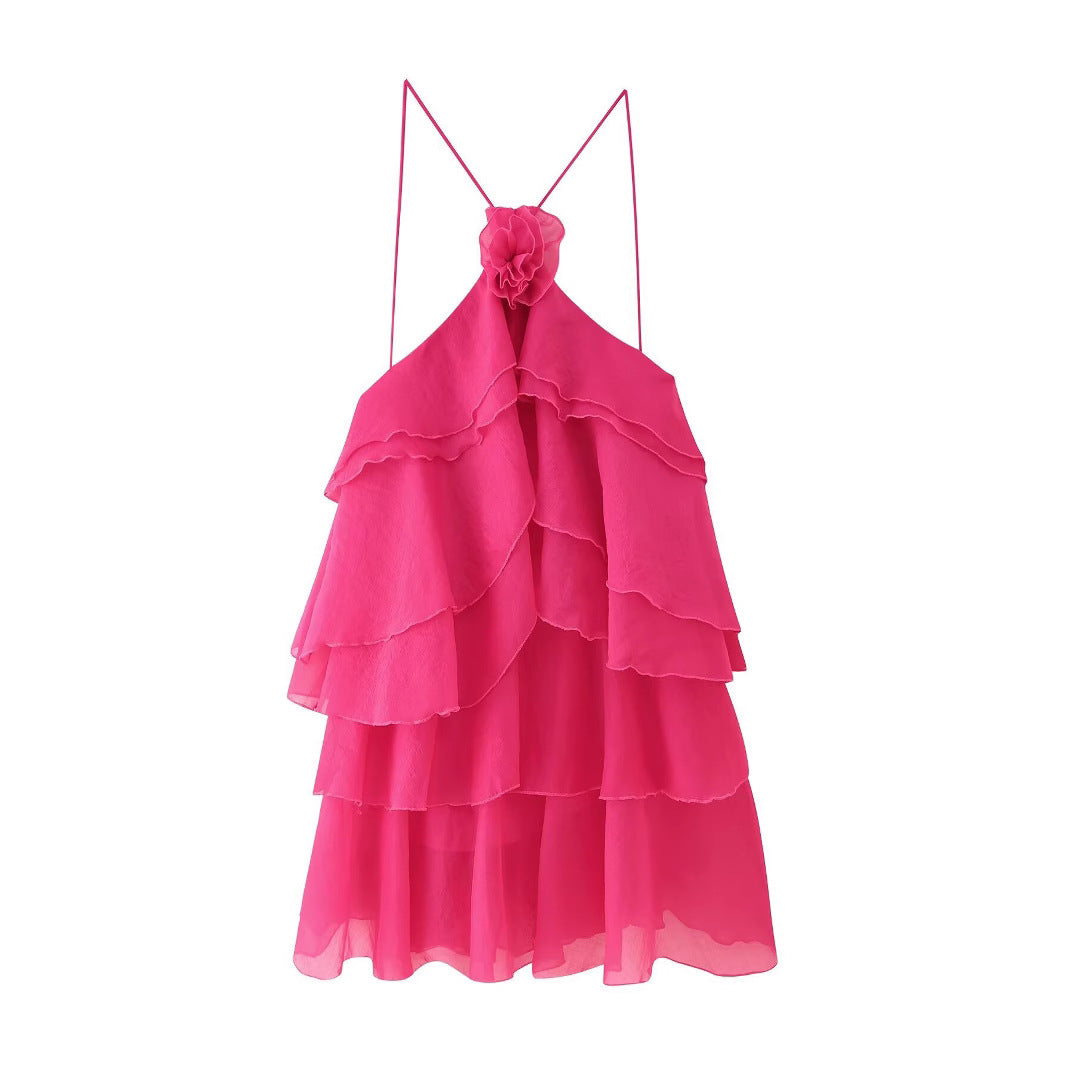 Fashion Three-dimensional Flower Decoration Laminated Ruffled Halter Dress