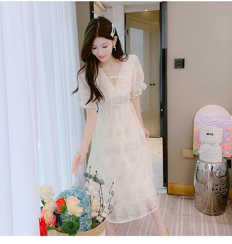 French Retro Women Summer New Lace V-neck Dress