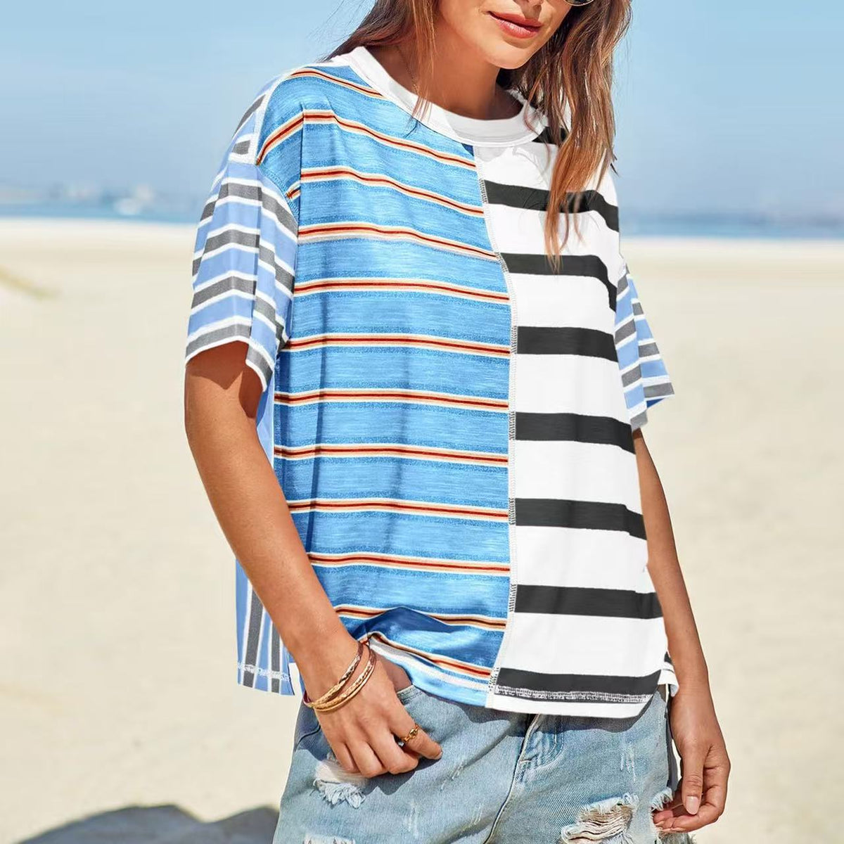 Women's Striped Casual Loose-fitting Short-sleeve Shirt