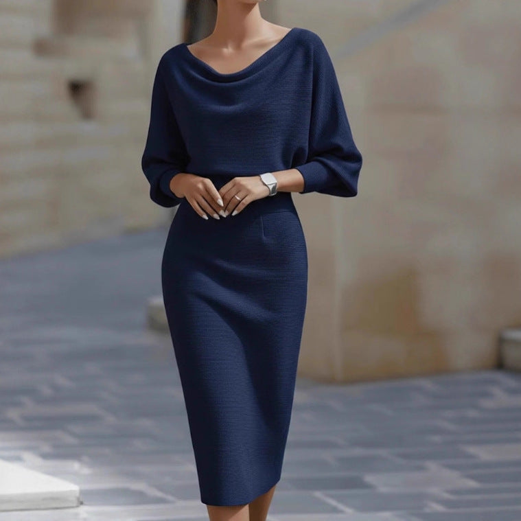 Pleated Batwing Sleeve Midi Dress - Women's Fashionable A-Line Casual Daywear