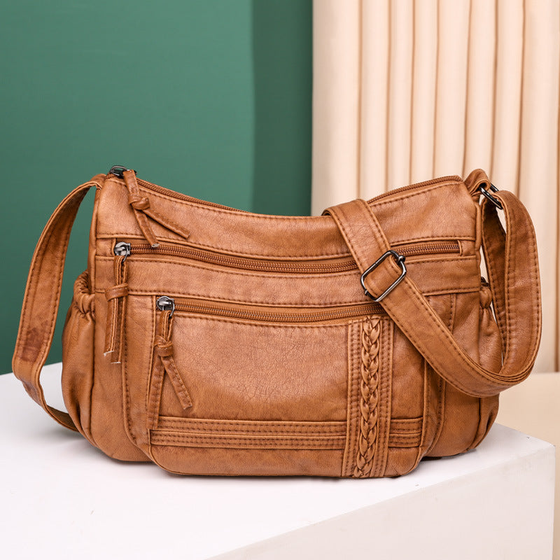 Fashion Solid Color Soft Leather Large Capacity Diagonal Bag
