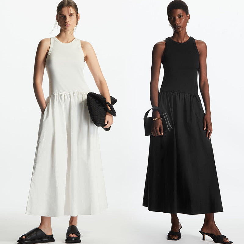 Black And White Two-color Casual Round Neck Stitch Stitching Vest Dress