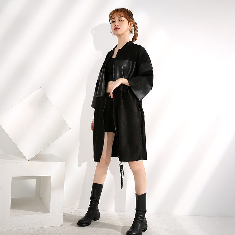 Dark PU Leather Trench Coat For Women Plump Girls Large Size Three Quarter Sleeve Mid-length Leather Coat