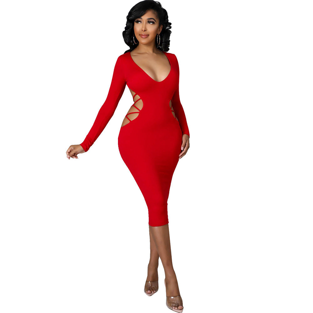 Women's Fashion Skinny Backless Hollow V-Neck Dress