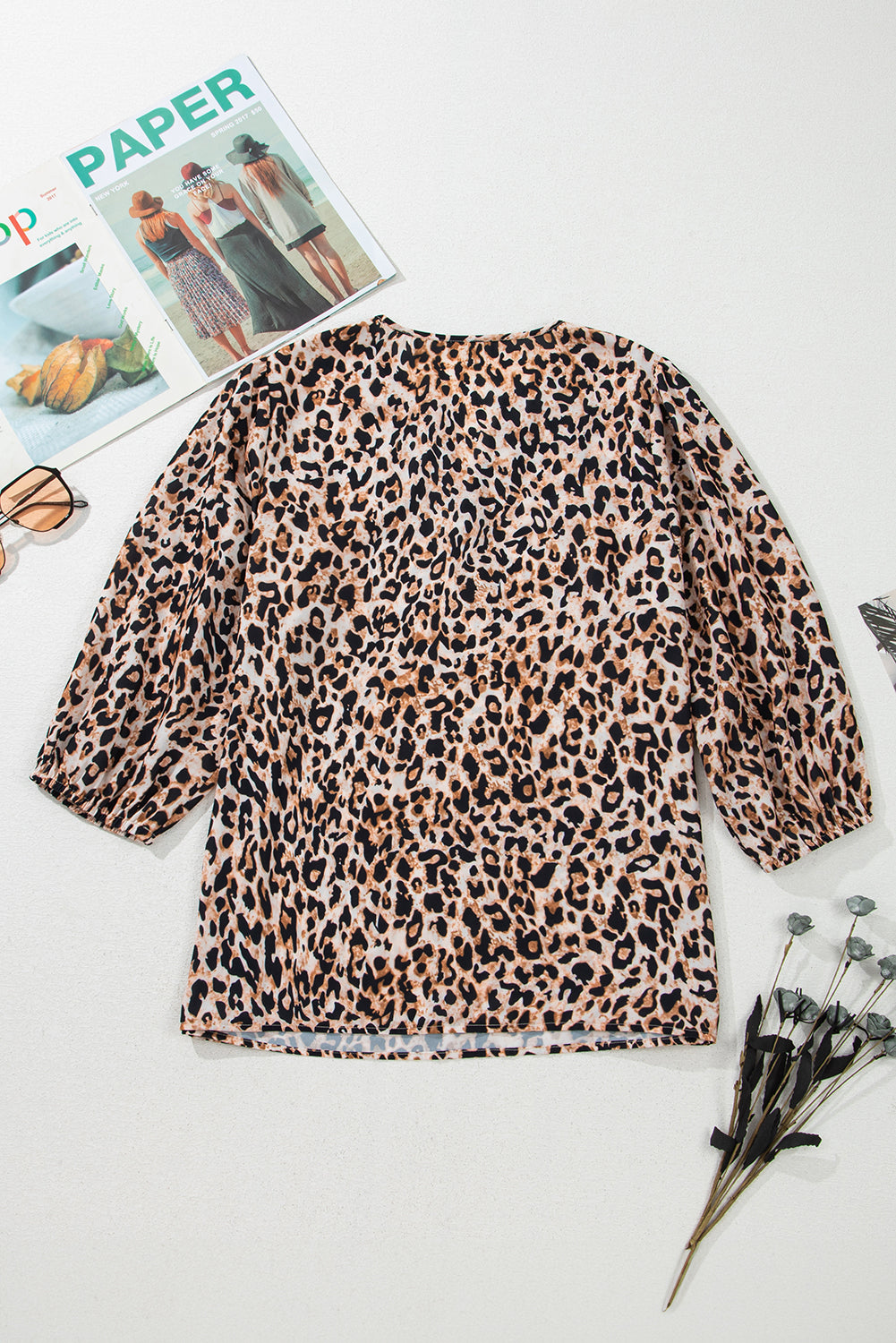 Apricot Leopard V Neck Half Sleeve Blouse