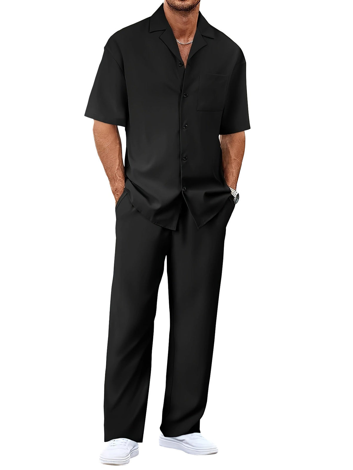Men's Trousers Suit Fashion Lapel Button Short Sleeve Shirt And Pocket Straight Pants Clothing