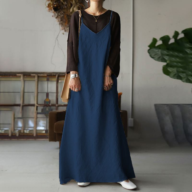 Casual Loose Ladies Solid Dress V Neck Backless