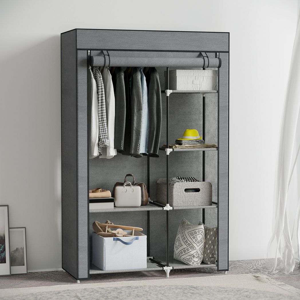 HOMCOM Fabric Wardrobe with Hanging Rail & Shelves | Foldable Clothes Closet | Dark Grey / Cream