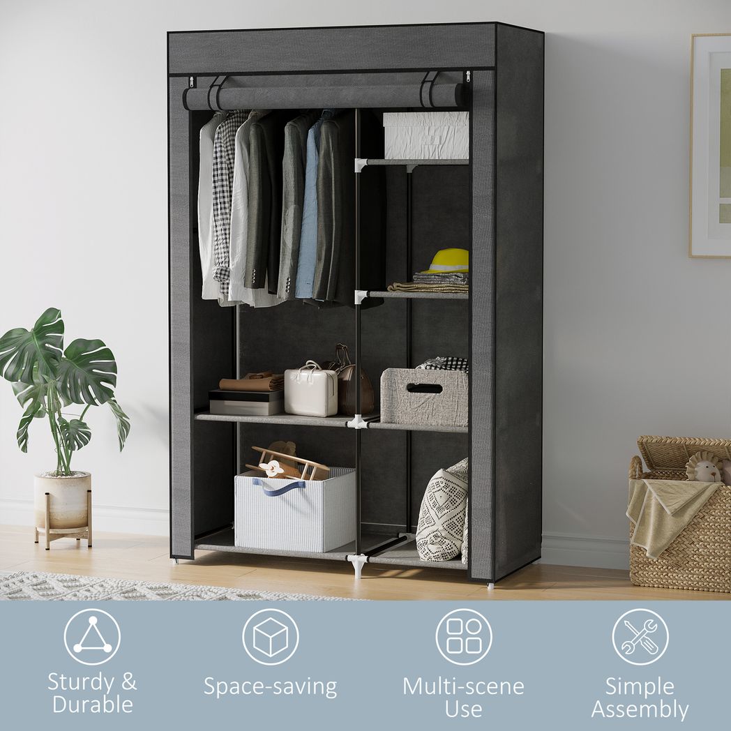 HOMCOM Fabric Wardrobe with Hanging Rail & Shelves | Foldable Clothes Closet | Dark Grey / Cream