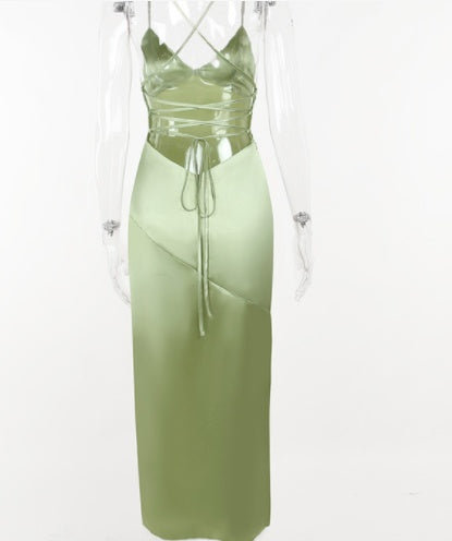 V-neck Satin Slit Backless Long Dress