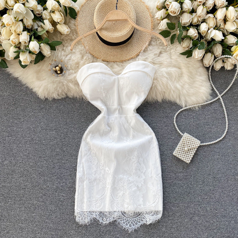 V-neck Padded Backless Tube Top Lace Dress