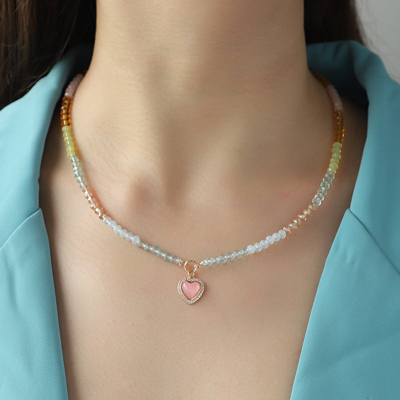 Summer Colorful Beaded Female Acrylic Copper Inlaid Zirconium Candy Color Heart Peach Necklace