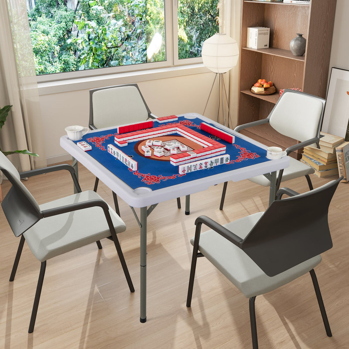Folding Mahjong Table with Cup Holders and Removable Game Mat-Blue