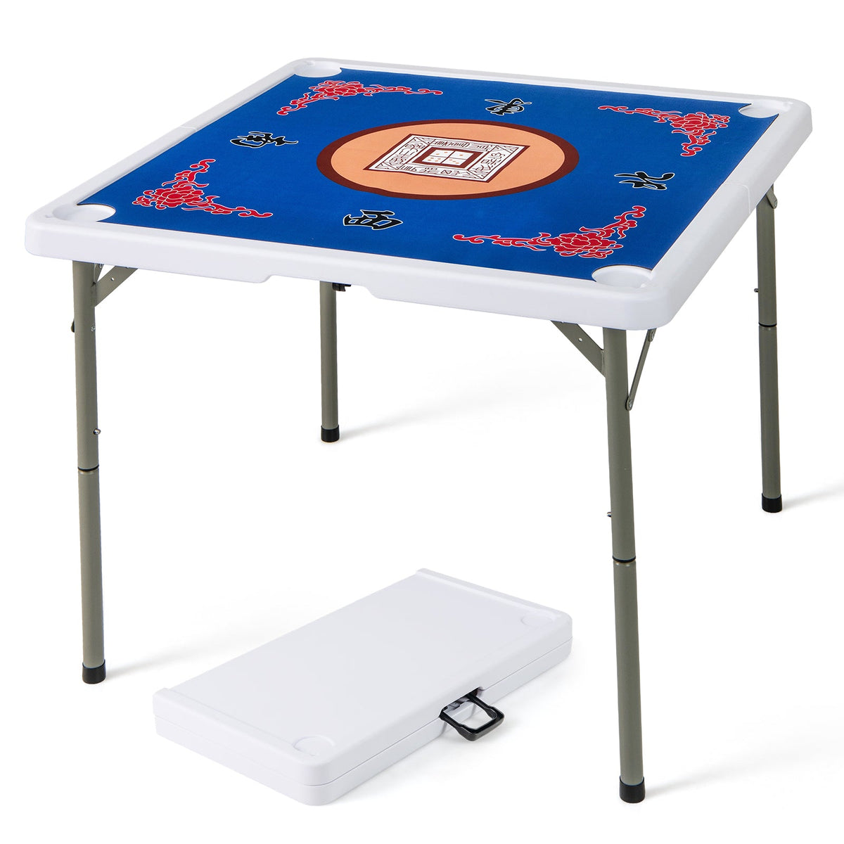 Folding Mahjong Table with Cup Holders and Removable Game Mat-Blue