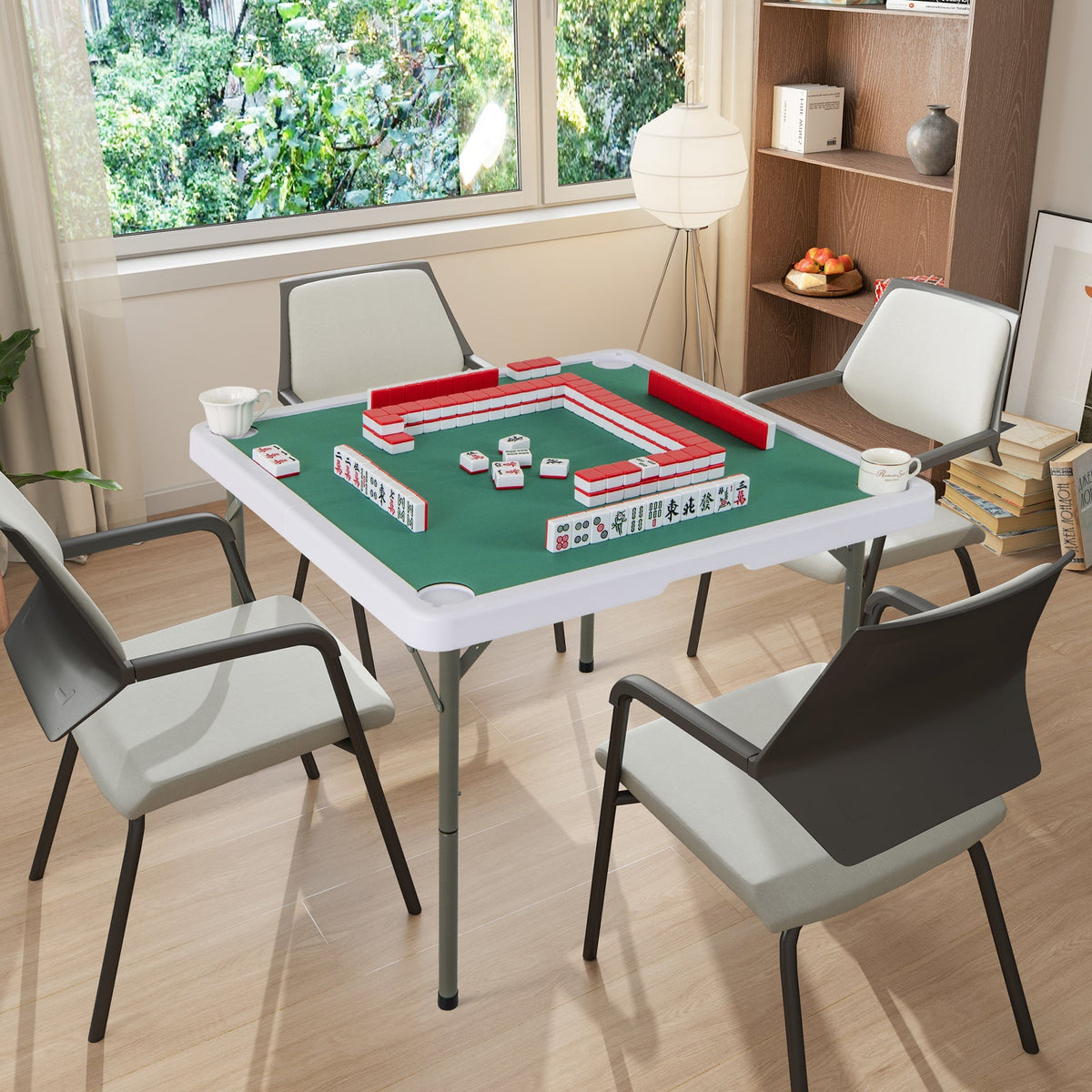 Folding Mahjong Table with Cup Holders and Removable Game Mat-Blue