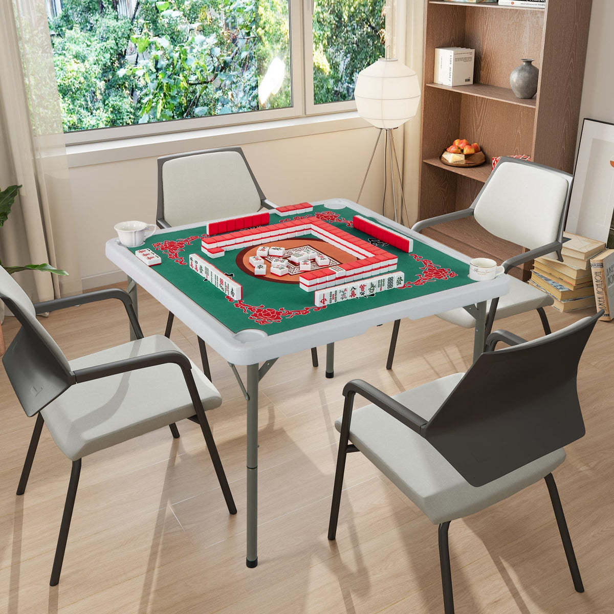 Folding Mahjong Table with Cup Holders and Removable Game Mat-Blue