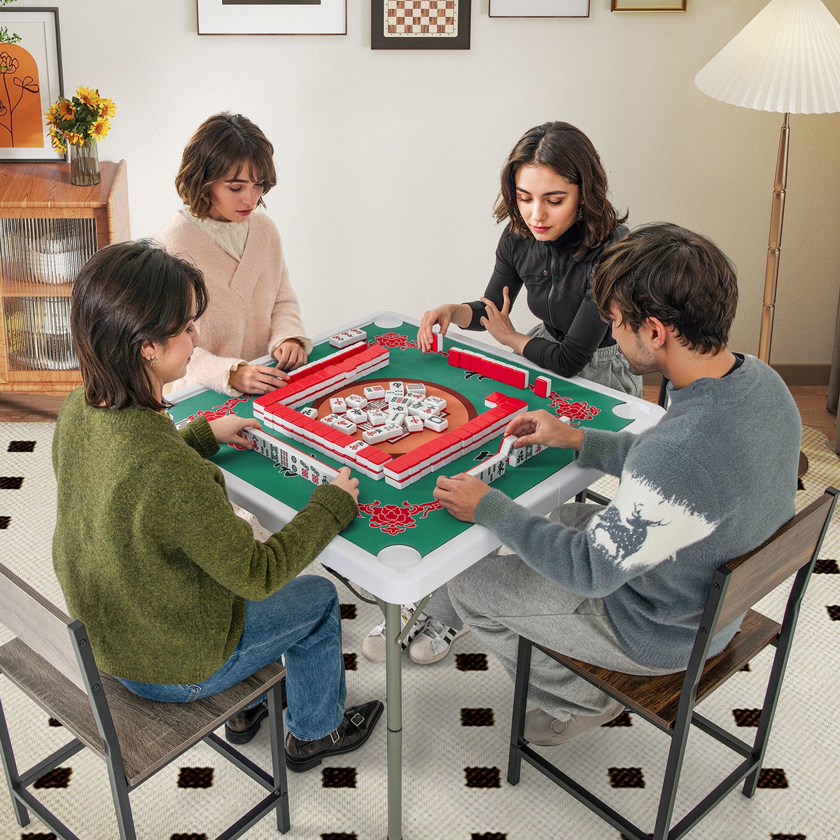Folding Mahjong Table with Cup Holders and Removable Game Mat-Blue