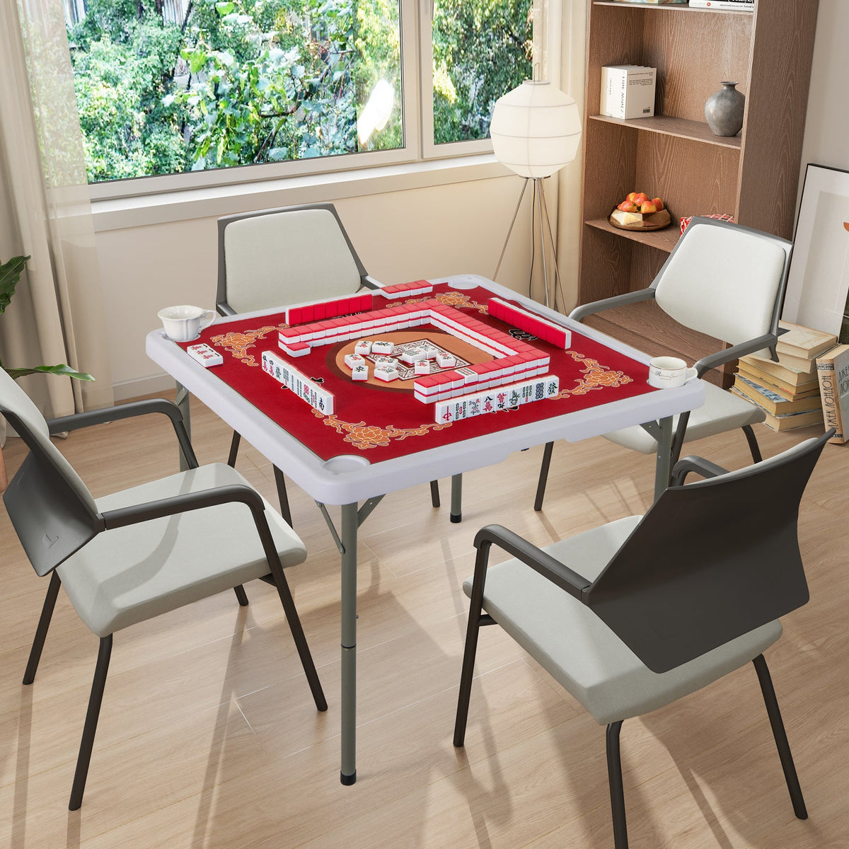 Folding Mahjong Table with Cup Holders and Removable Game Mat-Blue