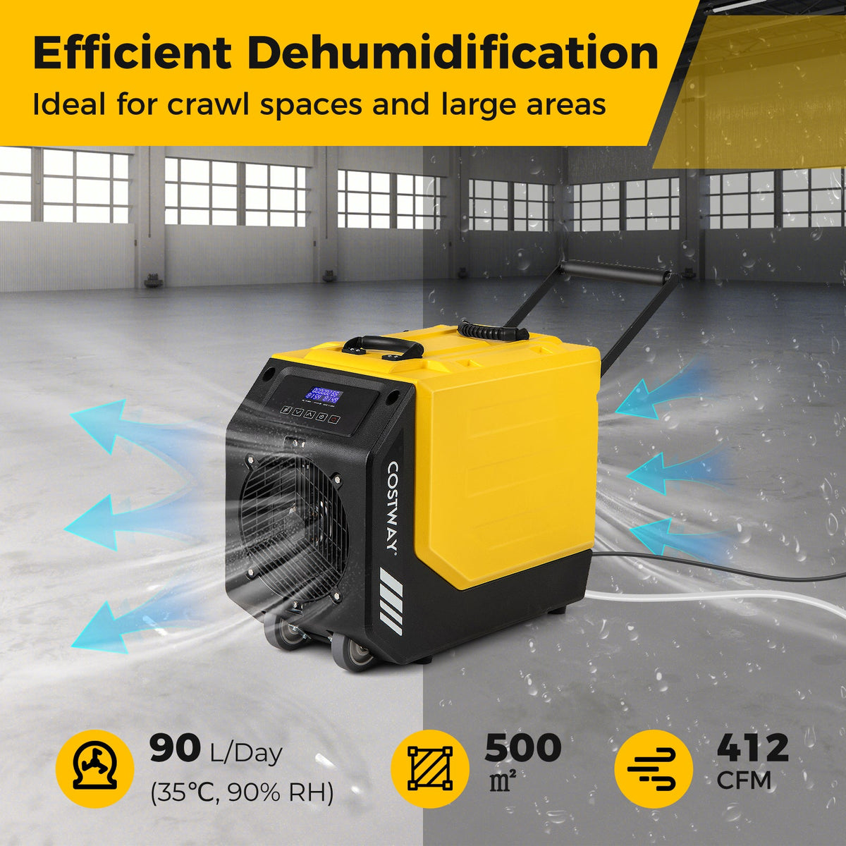 90L/Day Commercial Dehumidifier with Pump and 2 Wheels-Blue
