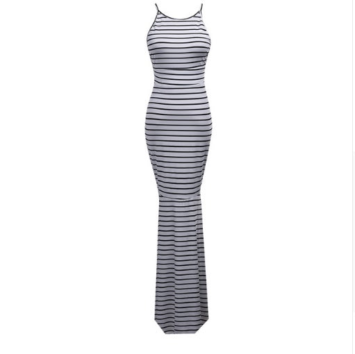 Black and white striped slim sling backless sexy dress