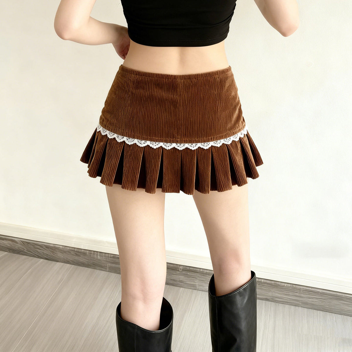 Pastoral-style Delicate Floral Lace-patched Corduroy Skirt For Sweet Girls