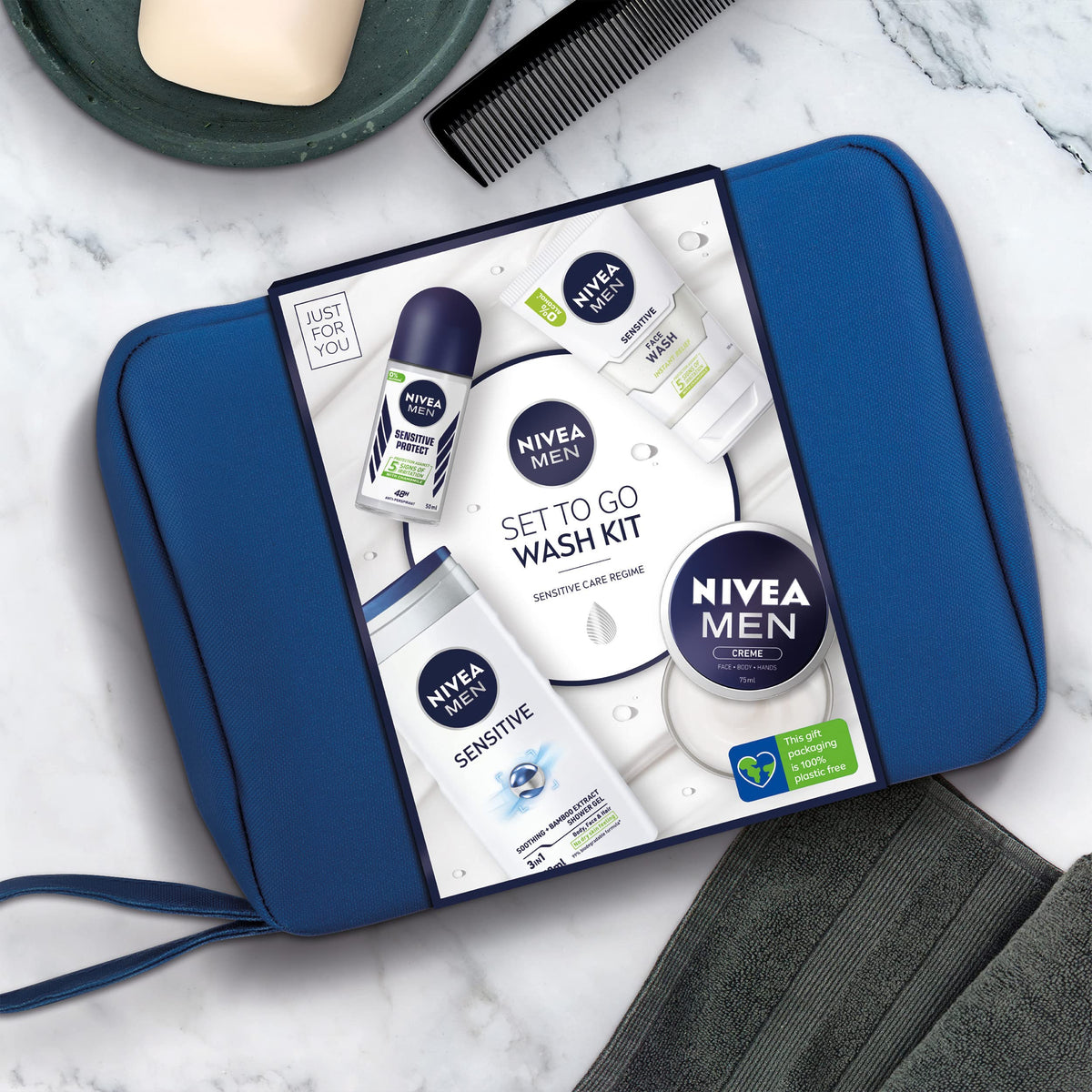 NIVEA MEN Set To Go Wash Kit Gift Set (5 Pieces), Men's Gift Set Includes Shower Gel, Face Wash, Anti-Perspirant Roll-On, Moisturising Cream and Hanging Wash Bag
