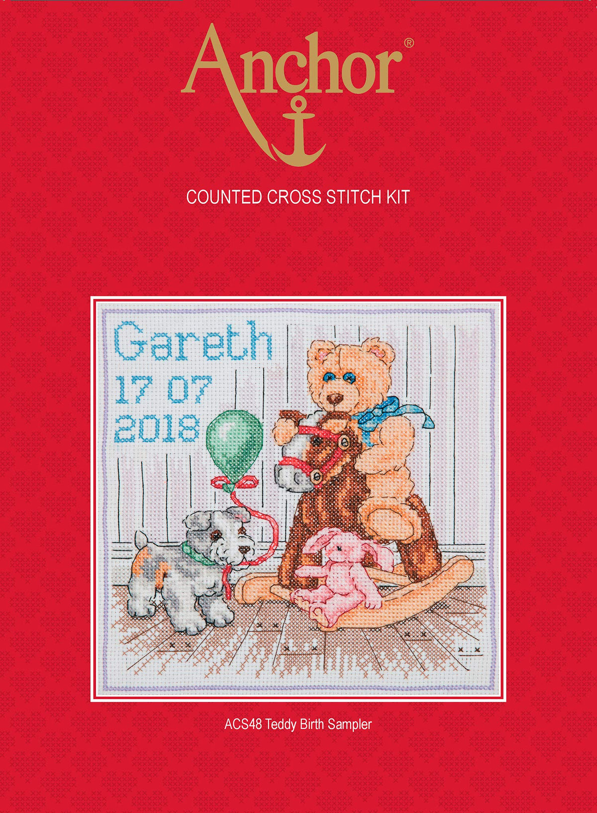 Anchor Counted Cross Stitch Kit: Essentials: Teddy Birth Sampler, Multi, 18 x 18cm