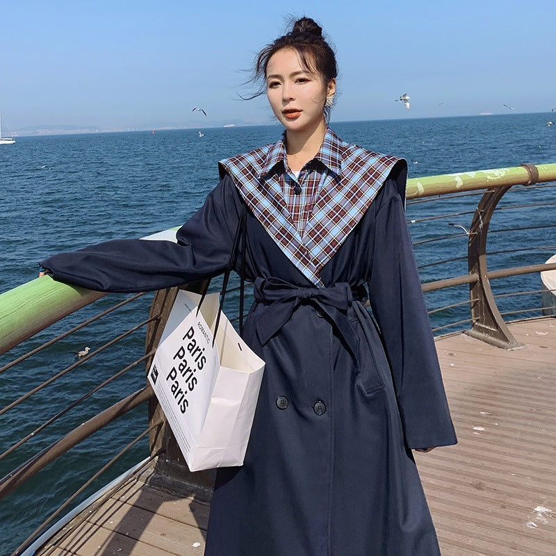 Plaid Stitching Trench Coat British Style Fake Two-piece