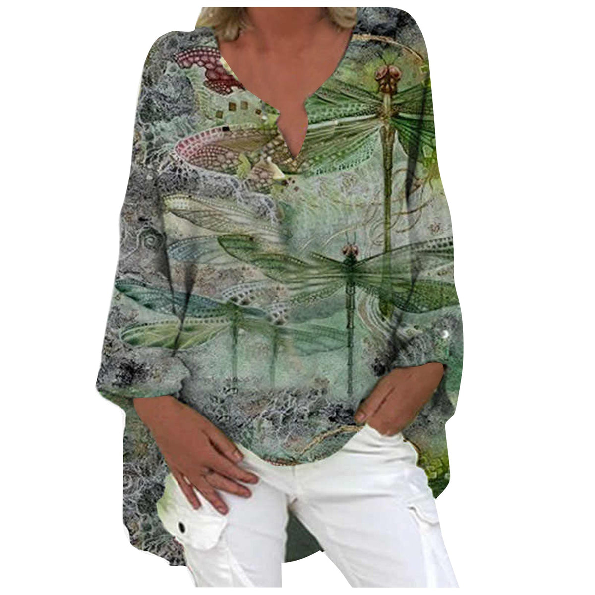 Printed Patchwork V-neck Long Sleeve Plus Size Dress