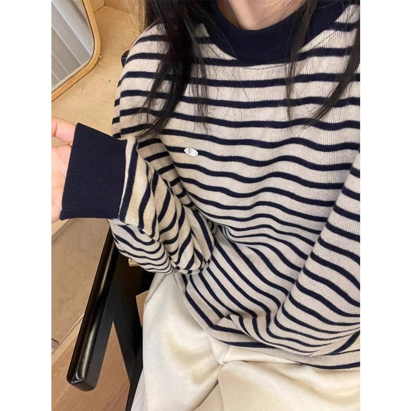 Women's American-style Blue Striped Round Neck Loose T-shirt