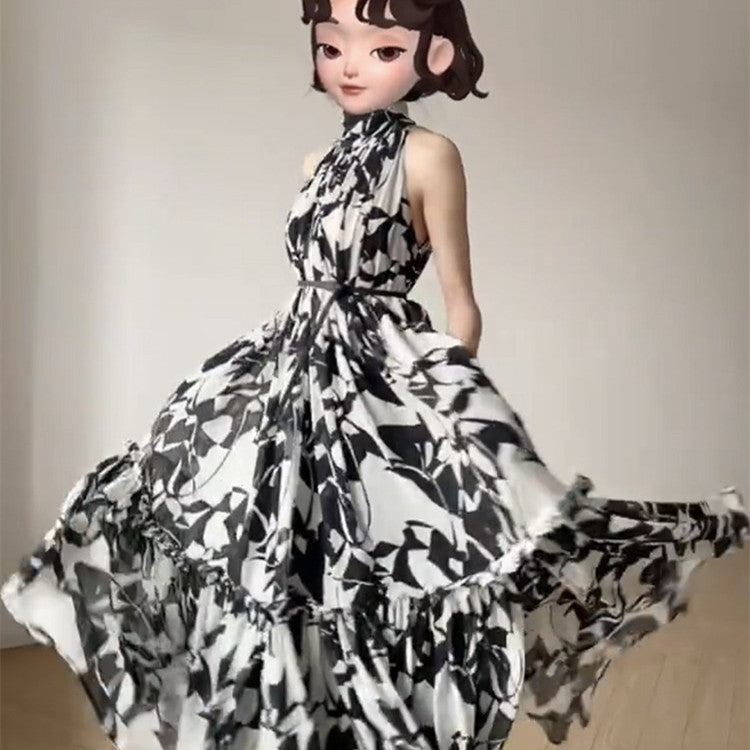 Summer French Haute Couture Black Floral Halter Neck Dress