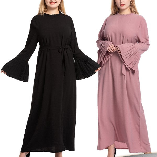 Women's Crew Neck Pleated Patchwork Horn Sleeve Slim Dress